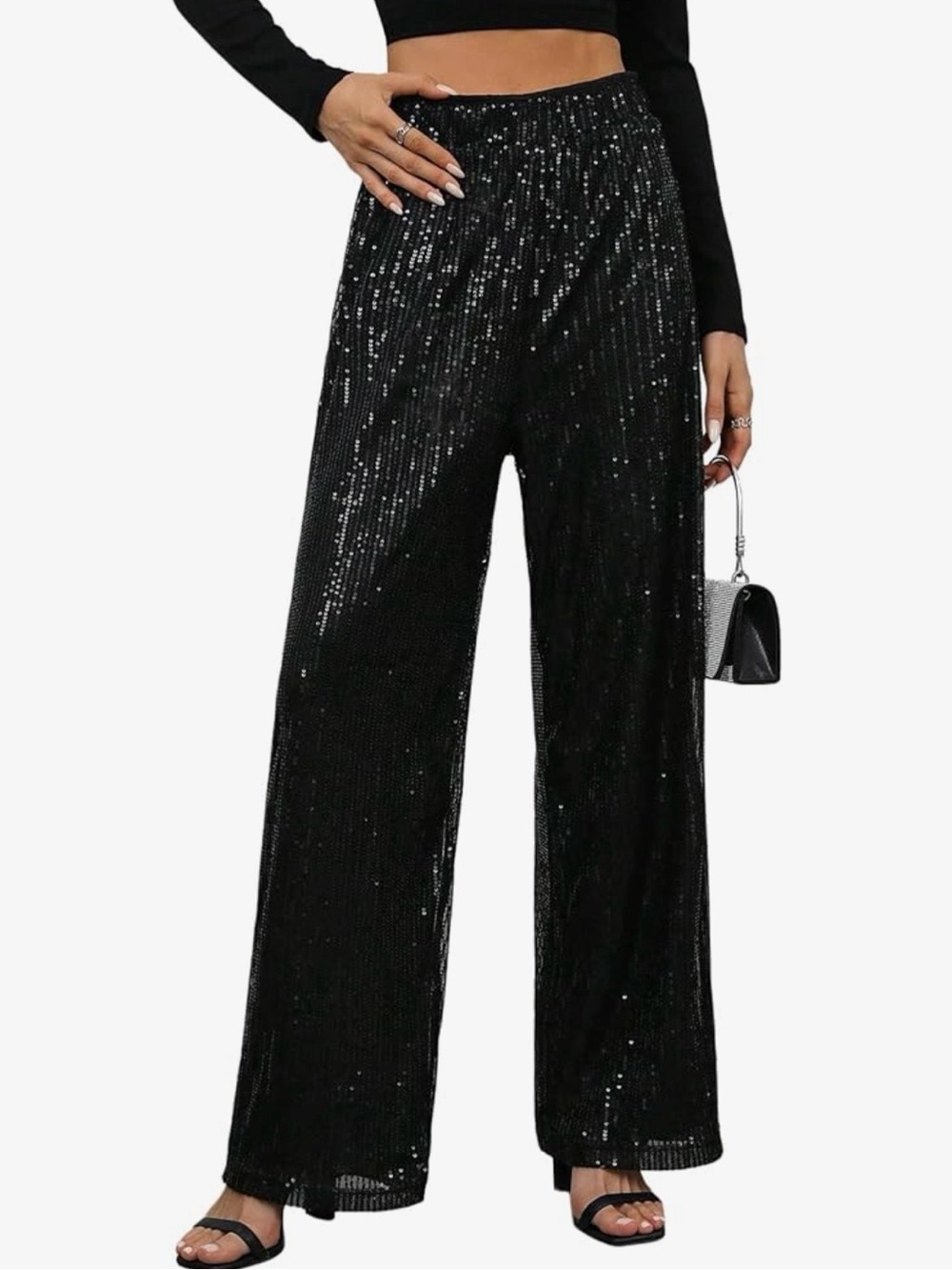 sequin, elastic band, high-waisted, wide leg flare black disco pants